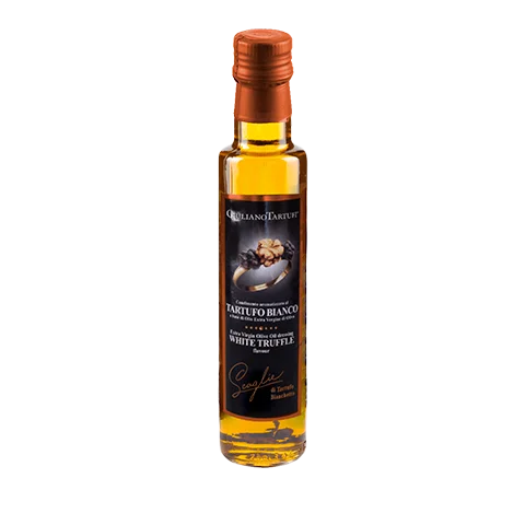 Condiment aromatizat cu trufe albe pe bază de ulei de măsline extra virgin cu felii de trufă bianchetto